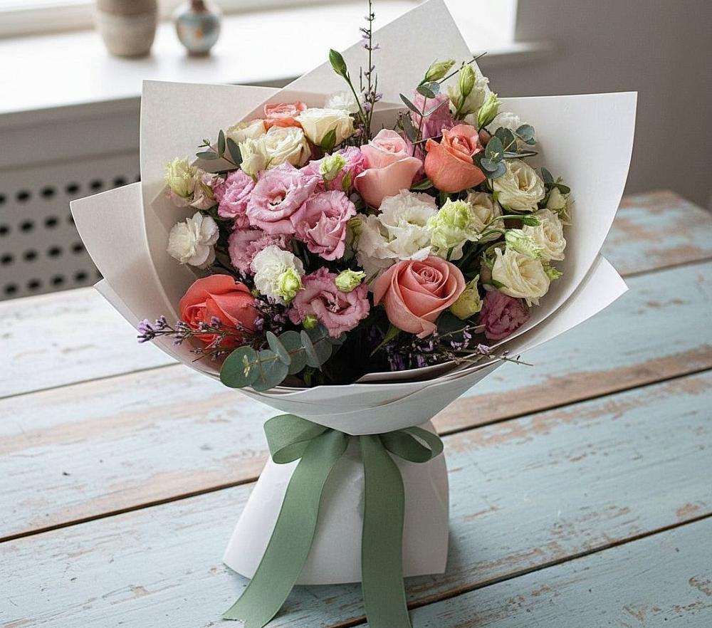 Букет цветов из: Розы, Лизиантусы и Гвоздики в Лабытнангах