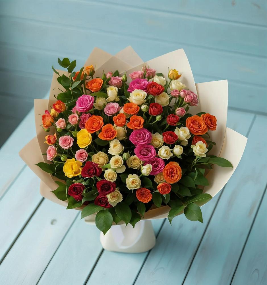 Букет Микс из разноцветных кустовых роз в Лабытнангах